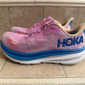 Hoka Clifton 9 Vibrant Pink and Blue Athletic Shoes